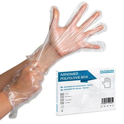 Abbildung von 100 ARNOMED PE Einmalhandschuhe Einweg Damen, Handschuhe in der Box, Haushaltshandschuhe für Lebensmittel transparent, Schutzhandschuhe zum Haare färben, dünne Handschuhe, Dieselhandschuhe