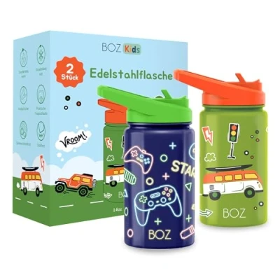 Abbildung von BOZ Isolierte Wasserflasche für Kinder, mit Strohhalm Deckel, Doppelpack Bundle, Spiel/Auto, Edelstahl Vakuum Doppelwand Wasserbecher, 414 ml, kratzfest, Tragegriff, spülmaschinenfest