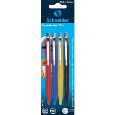 Abbildung von Schneider Schreibgeräte Kugelschreiber Office, Druckmechanik, M, Blau, 4er Blisterkarte sortiert