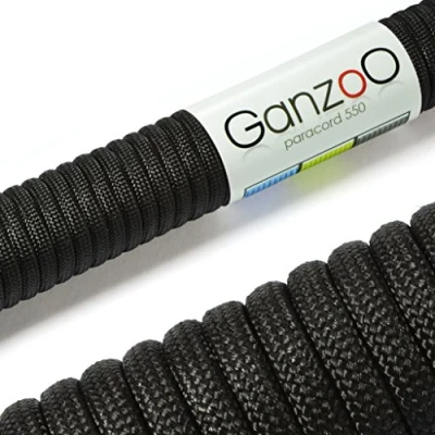 Abbildung von Ganzoo Paracord 550 Seil Schwarz 4mm Schnur Typ 3, Nylon &amp; Polyester, ideal für Basteln von Hundeleine Halsband Armband/Camping Survival und Outdoor 15 Meter Allzweckseil 7 Innenstränge