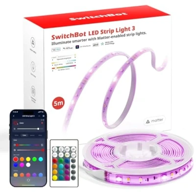 Abbildung von SwitchBot Matter LED Strip 5M, 72LEDs/m RGBCCT Streifen mit APP Fernbedienung, Kompatibel Alexa, Apple Home, Google Musik Sync, Indirekte Beleuchtung, Lichtleiste für Schlafzimmer