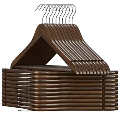 Abbildung von SONGMICS Kleiderbügel Holz, 20er Set, Bügel aus Massivholz, Einkerbungen im Schulterbereich, Rutschfester Hosensteg, um 360 drehbarer Haken, für Anzüge, Hemden, dunkelwalnussfarben silbern CRW02V20