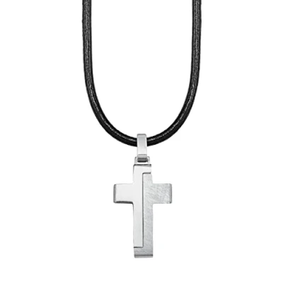 Abbildung von s.Oliver Kette mit Anhänger Edelstahl Leder Jungen Kinder Halsschmuck, 40+3 cm, Silber, Kreuz, Kommt in Schmuck Geschenk Box,