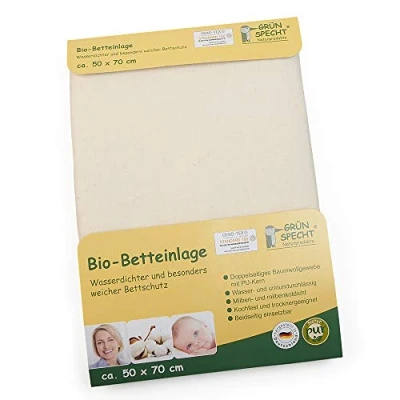 Abbildung von GRÜNSPECHT Bio Betteinlage 50x70cm, Matratzenschutz, 100 % Baumwolle (kbA) mit PU Kern, kochfest &amp; trocknergeeignet, wasserdicht urinundurchlässig (615 00)