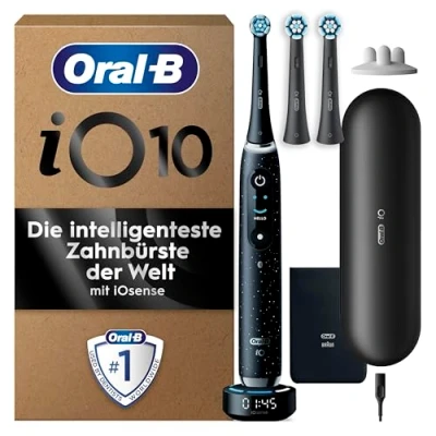 Abbildung von Oral B iO Series 10 PLUS Edition Elektrische Zahnbürste/Electric Toothbrush, 3 Aufsteckbürsten (inkl. 2x Sanfte Reinigung), 7 Modi für Zahnpflege, Lade Reiseetui, Designed by Braun, cosmic black