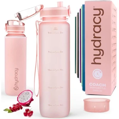Abbildung von Hydracy Trinkflasche mit Fruchteinsatz 1L Wasserflasche BPA freie Zeitmarkierung Auslaufsichere Sportflasche Kondensationsfrei für Sport und Outdoor