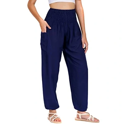 Abbildung von Lofbaz Damen Haremshose Yogahose Pumphose Hippie Hose Boho Kleidung Festival Outfit Sommerhose Leicht Sommer Hosen Solid 1 Dunkelblau M