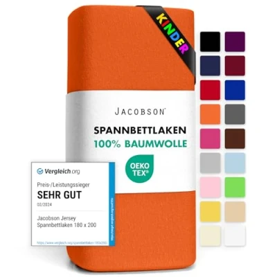 Abbildung von Jacobson Jersey Spannbettlaken Spannbetttuch Baumwolle Bettlaken (60x120 70x140 cm, Orange)