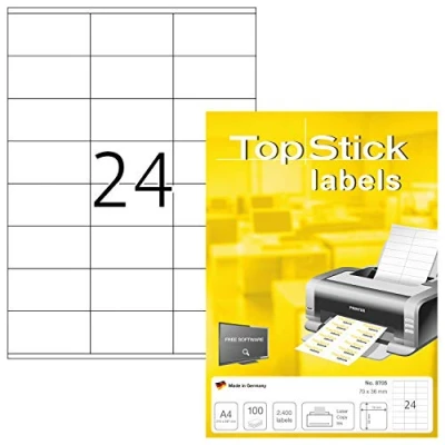 Abbildung von TopStick 8705 Adressetiketten, 100 Blatt, 70 x 36 mm, 24 pro A4 Bogen, 2400 Stück, selbstklebend, bedruckbar, matt, blanko Papier Adressaufkleber Etiketten, weiß