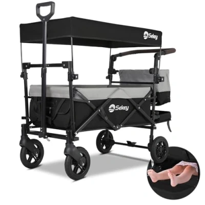 Abbildung von Sekey Faltbarer Bollerwagen mit Dach 2 Kinder, Faltbar Kinder 150KG Tragkraft stoßfesten PU Rädern, Handwagen Schiebegriff, Upgrade Version TP5050, Schwarz Grau