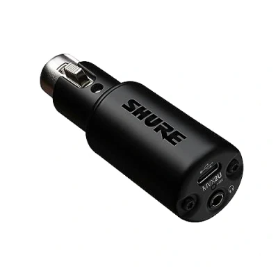 Abbildung von Shure MVX2U XLR auf USB Digitalinterface mit Kopfhörerbuchse, integriertem Vorverstärker 60dB Verstärkungsregelung, Zero Latency Monitoring, 48V Phantomspeisung, ShurePlus Desktop App, C Kabel
