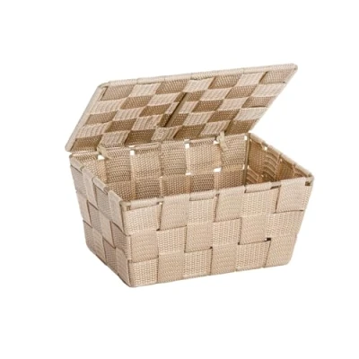 Abbildung von WENKO Badkorb mit Deckel Mod. Adria praktische Aufbewahrungsbox für Bad und Haushalt in dezentem Beige aus Polypropylen Maße 19 x 10 14 cm