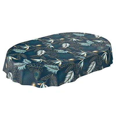 Abbildung von ANRO Wachstuchtischdecke abwaschbar Garten Tischdecke Wachstuch Rund Oval Eckig Indoor Outdoor Blätter Gold Blau 200x140cm
