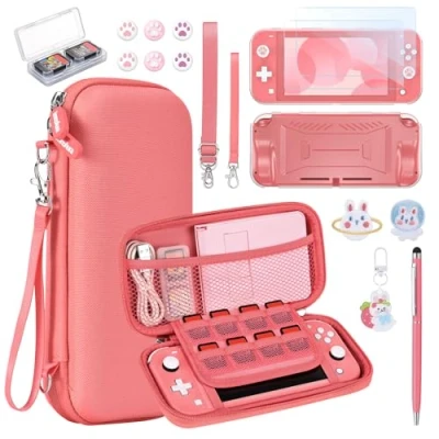 Abbildung von innoAura Zubehör Halterung für NS Switch Lite 17 in 1 mit Tragetasche, Spielhülle, Bildschirmschutz (Koralle)