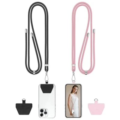 Abbildung von COCASES Handyband Universal zum Umhängen 2 Stück aus Nylon kompatibel mit jeden Smartphones, Handygurt Umhängenband Kordel (Schwarz/Pink)
