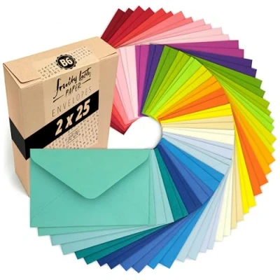 Abbildung von Japun 50 farbige Briefumschläge im Set (2 x 25 Farben) aus Papier, Kuvert, Umschlag ohne Fenster DIN B6 175 125 mm 120 g/m² bunt