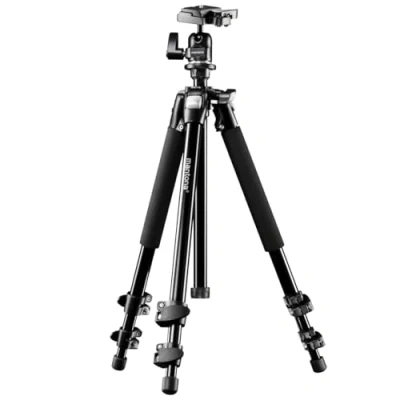 Abbildung von Mantona Basic Scout Fotostativ, Kamerastativ bis 144cm, inkl. robuster Kugelkopf, Wasserwaage, umkehrbare Mittelsäule, ideal für Reisen und Outdoor Fotografie DSLR Kamera, kompakt leichtes Stativ