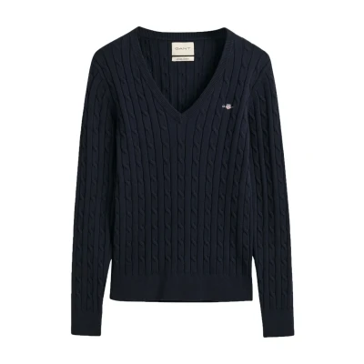 Abbildung von GANT Stretch Cable Vneck Strickpullover, Damen, Größe: XS, Evening blue