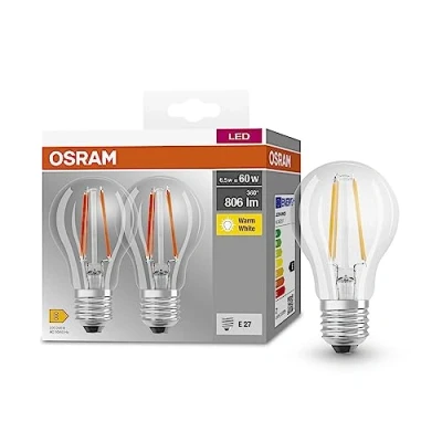 Abbildung von OSRAM BASE CLASSIC A FIL 60 LED Lampe mit Sockel E27, klassische Kolbenform, Doppelpack, 6,5W, 806lm, 2700K, warmweißes Licht, geringe Wärmeentwicklung, lange Lebensdauer, geringer Energieverbrauch
