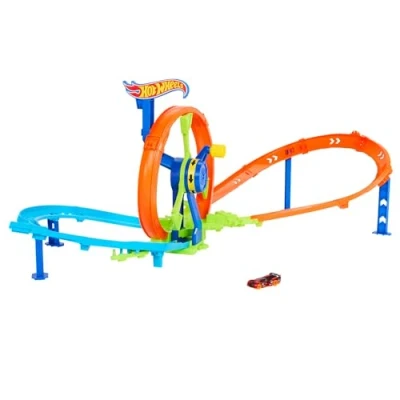 Abbildung von Hot Wheels Spielzeugauto Streckenset, Schnellstart und Looping Spielset Die Cast Fahrzeug im Maßstab 1:64, Streckenset mit 8er Kurve, Crash Zone Kicker, JBX65