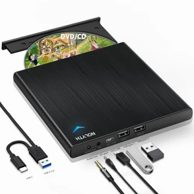 Abbildung von NOLYTH Externes DVD Laufwerk, CD Laufwerk Extern USB für Laptop, Externe Optische Laufwerke mit 1 Audio 2 Slots, Portable Brenner Player Mac PC MacBook Windows