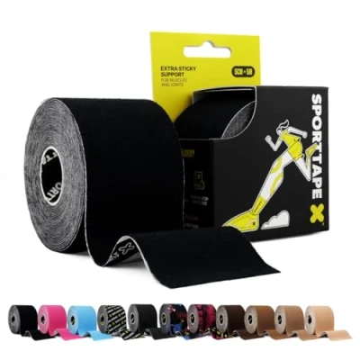 Abbildung von SPORTTAPE Kinesiologie Tape Schwarz 5 cm x 5 m elastisch &amp; wasserfest Physio/tape sport, hautfreundlich Baumwolle/Spandex, starke Haftung, selbstklebend, latexfrei für Muskel Gelenk Support