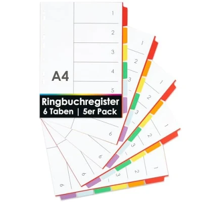 Abbildung von OfficeTree 5x Ringbuch Register DIN A4 mit 6 Taben für Ordner Farbig Trennblätter Karton Multilochung oder Made in Germany