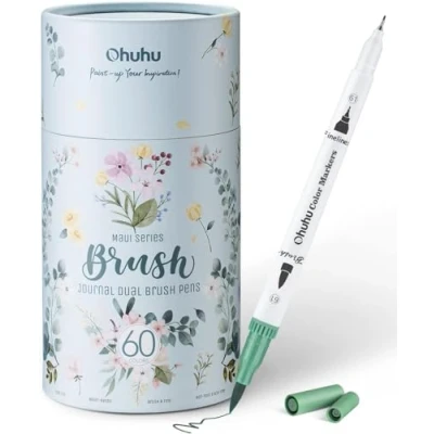 Abbildung von Ohuhu Brush Pen Set, 60 Farben Filzstifte Set mit Doppelter Spitze für Journal Kalligraphie Manga Malbücher Kinder und Erwachsene, Handlettering Stifte auf Wasserbasis, Maui Weiß