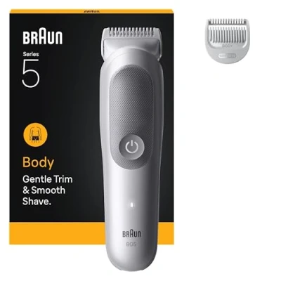 Abbildung von Braun Bodygroomer Series 5, +2 Zubehörteile, Trimmen und Rasieren für empfindliche Bereiche, 100 Min Akkulaufzeit, mit extra Hautschutz, Wasserdicht, BG5500, Grau