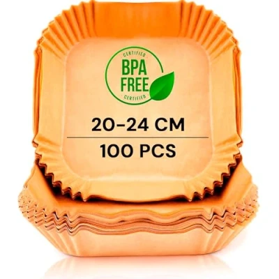 Abbildung von edihome, Backpapier für Heißluftfritteuse, fur Air Fryer, 100 Stück, 20 24 cm, BPA Free, Zubehör Heissluftfritteuse, Einweg, Backofen, 5 bis 8 Liter (Quadratisch, cm)