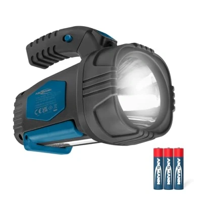 Abbildung von ANSMANN LED Handscheinwerfer superhell &amp; große Leuchtweite 200m, lange Leuchtdauer 8h, Standfuß, Pistolengriff, Handleuchte ideal für Camping, Arbeit, Werkstatt, KFZ, Jagd, Angeln, Wandern