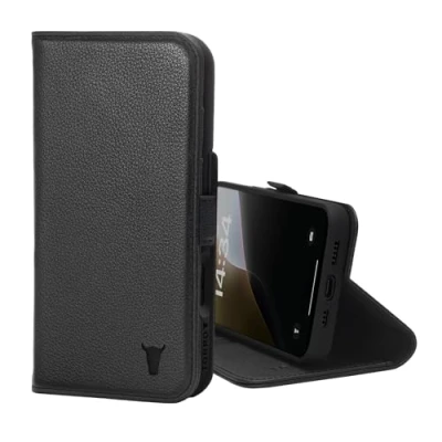 Abbildung von TORRO Hülle kompatibel mit iPhone 16 Echt Leder Standfunktion und Kartenfächern (kompatibel Offiziellen MagSafe Ladegeräten) Schwarz