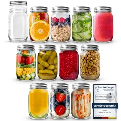 Abbildung von volila Mason Jar mit Deckeln 490 ml Mehrzweck Einmachgläser für Overnight Oats, Einlegen, Einmachen, Konservieren und Mahlzeitenvorbereitung Luftdichte Einweckgläser (12er Pack Normaler Deckel)