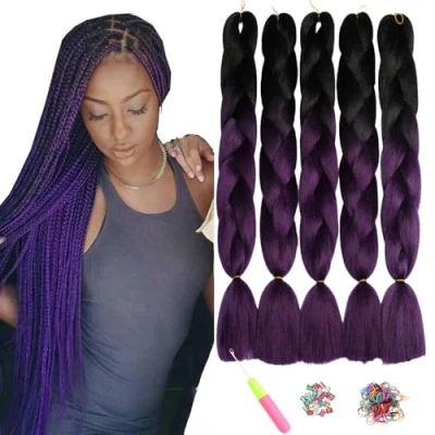 Abbildung von ShowJarlly Jumbo Braid Kunsthaar Haar, Ombre Extension, 24 Zoll Kanekalon Haar Flechten Extensions 5 Stücke Für Crochet Twist Box Zum Einflechten Zöpfe Schwarz/Lila#