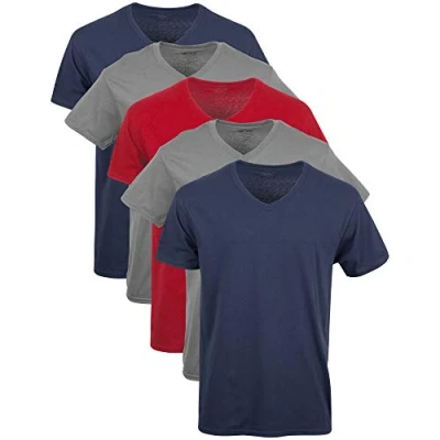 Abbildung von Gildan Herren V Neck T Shirts, Multipack, Style G1103 Unterwäsche, Marineblau/Anthrazit/Kardinalrot (5er Pack), XL