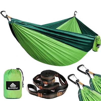 Abbildung von NATUREFUN Ultraleichte Reise Camping Hängematte 300kg Tragkraft (300 x 200 cm) Atmungsaktiv, Schnelltrocknendes Fallschirm Nylon 2 Premium Karabiner, Schlingen Inbegriffen Draußen
