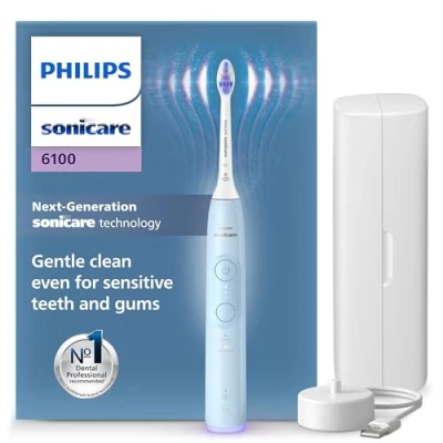 Abbildung von Philips Sonicare 6100 elektrische Zahnbürste, Schallzahnbürste mit 2 Putzmodi und 3 Intensitätsstufen, Andruckkontrolle, EasyStart, SmarTimer BrushPacer, Hellblau, Modell HX7406/02