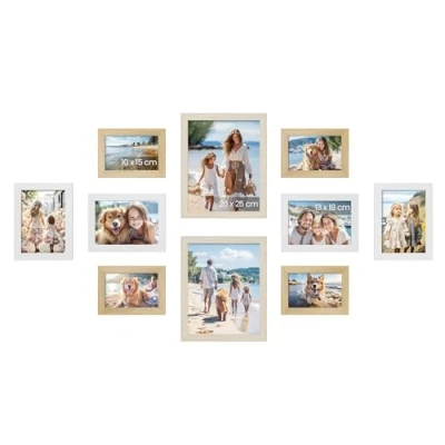 Abbildung von SONGMICS Bilderrahmen 10er Set, für 2 Fotos in 20 x 25 cm, 4 13 18 10 15 Kunststoffscheibe, MDF, natureichenfarben, wolkenweiß, naturbeige RPF310K02