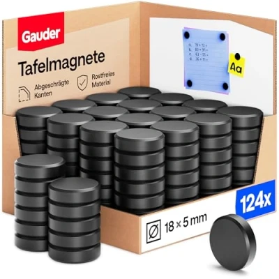 Abbildung von GAUDER Magnete für Magnettafel (124 Stück 18 x 5 mm) Starke Tafelmagnete Whiteboard, Pinnwand, Kühlschrank &amp; Büro Runde, schwarze Kühlschrankmagnete mit hoher Haftkraft