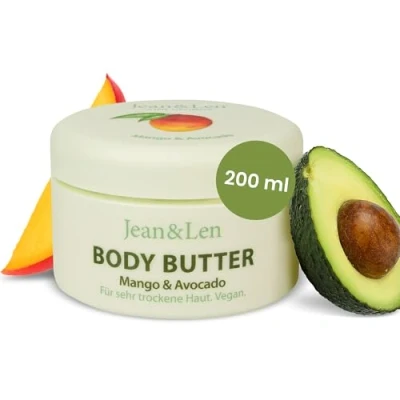 Abbildung von Jean &amp; Len Exotische Body Butter Mango Avocado, pflegt trockene bis sehr Haut intensiv, pH hautideal, mit exotischem Duft, Körperbutter, ohne Parabene Silikone, 200 ml