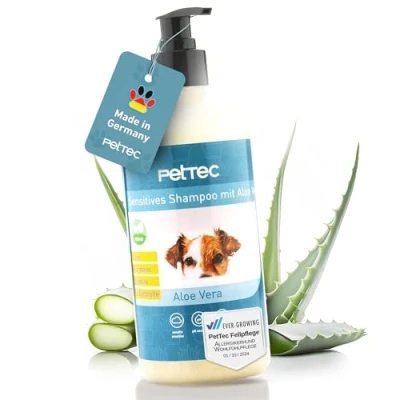 Abbildung von PetTec® Hundeshampoo sensitiv mit Aloe Vera 500ml Pumpflasche pH neutrales (7) &amp; rückfettendes shampoo für alle Hunderassen Fellpflege Hund Paraben , Silikon Duftstofffrei Dog vegan