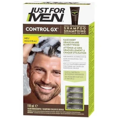 Abbildung von Just For Men Control GX Shampoo, Graduelle Haarverdunkelung, Zur Reduzierung Grauer Haare, Haarfärbemittel, Natürliches Farbergebnis, Mit Kokosnussöl Und Aloe Vera Alle Haarfarben, 118 ml