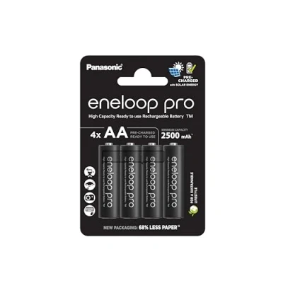 Abbildung von eneloop pro, AA/Mignon NI MH Akku, 4er Pack, Kapazität mit min. 2500 mAh, Ready to Use Akkus, bis zu 500 Mal wiederaufladbar, plastikfreier Verpackung, schwarz
