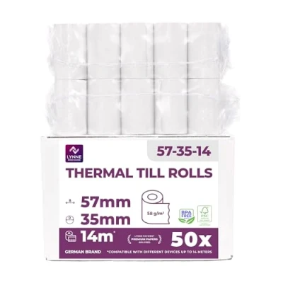 Abbildung von Ec Cash Thermorollen 57mm x 14m 12mm Kassenrollen Thermopapier Bonrollen für Bankomat Kredit Kartenlesegeräte (57x35x12) (50 Rollen)