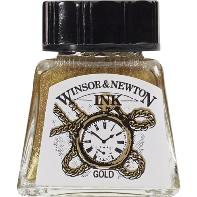 Abbildung von Winsor &amp; Newton 1005283 Drawing Inks Zeichentusche für Kalligraphen, Illustratoren, Grafikern, Künstler wasserbeständige Farben, herrvorragender Transparenz, 14ml Flasche Gold