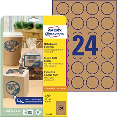Abbildung von AVERY Zweckform L7105 25 Kraftpapier Etiketten (600 Aufkleber zum Bedrucken, Ø40mm auf A4, selbstklebend, runde Recycling Etiketten, nachhaltige Produktaufkleber) Blatt, naturbraun