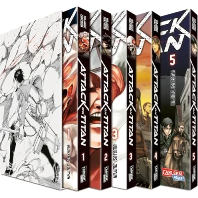 Abbildung von Attack on Titan, Bände 1 5 im Sammelschuber mit Extra: Fantasy Action Manga ab 16 Jahren über den Kampf gegen menschenfressende Titanen
