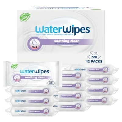 Abbildung von WaterWipes Lindernde säuberndeBabytücher, 720 Tücher (12 Packungen), mit 99% Wasser &amp; botanischen Extrakten, Feuchttücher für Gesicht Körper