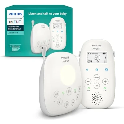 Abbildung von ‎Philips Avent Audio Babyphone DECT Technologie, Eco Mode, Gegensprechfunktion, Schlaf und Nachtlieder, Temperatursensor, maximale Reichweite, weiß (Modell SCD713/26)