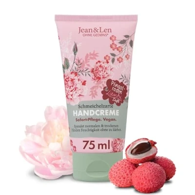 Abbildung von Jean &amp; Len Handcreme Pfingstrose Litschi, spendet normalen trockenen Händen Feuchtigkeit, mit Provitamin B5, Shea und Kakaobutter, vegane Handpflege, ohne Parabene Silikone, 75 ml